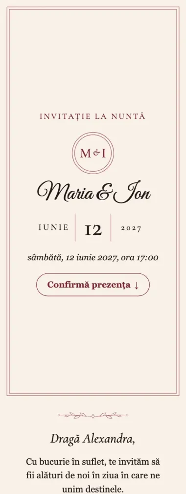 Invitația digitală în modelul Clasic, crem și bordo: „Maria & Ion”, sâmbătă, 12 iunie 2027, ora 17:00, și salutul „Dragă Alexandra,”